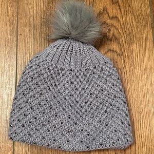 COCO+CARMEN/NWOT/warm and comfy grey hat with pompom rhinestones on front half